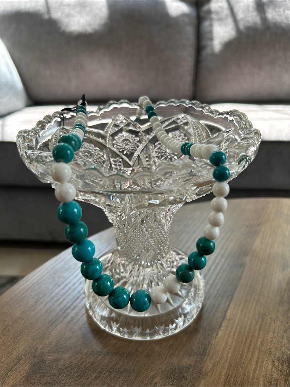 Green Stone and White Beaded Necklace 24”